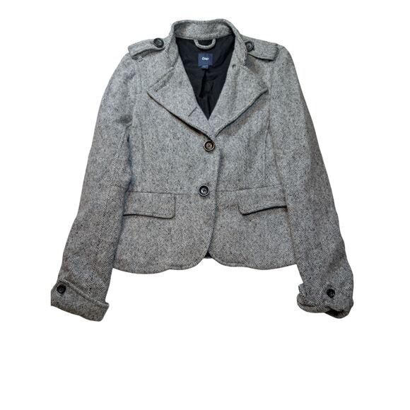 GAP Gray Tweed Juniors Sz L Blazer Jacket Pink Contrast Stitch 4 Big Button - Picture 1 of 7